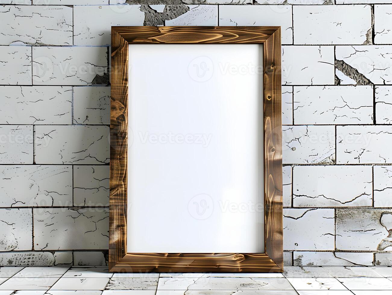A blank white frame sitting on a tiled wall photo