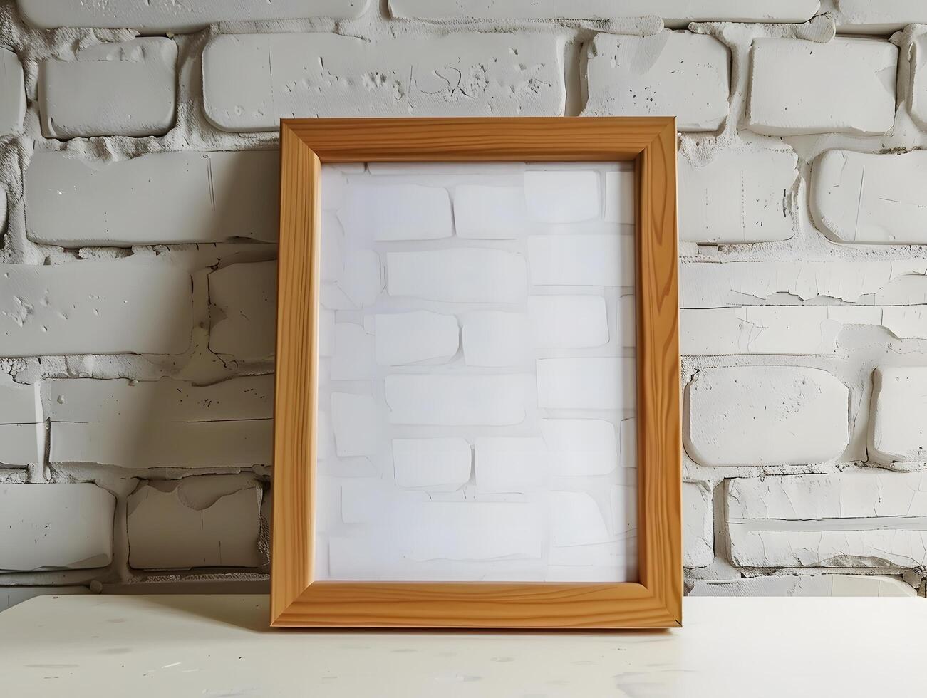 A wooden frame sitting on a table next to a white brick wall photo