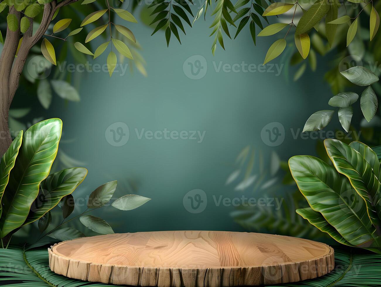 Wooden table with green leaves and plants on a dark background photo