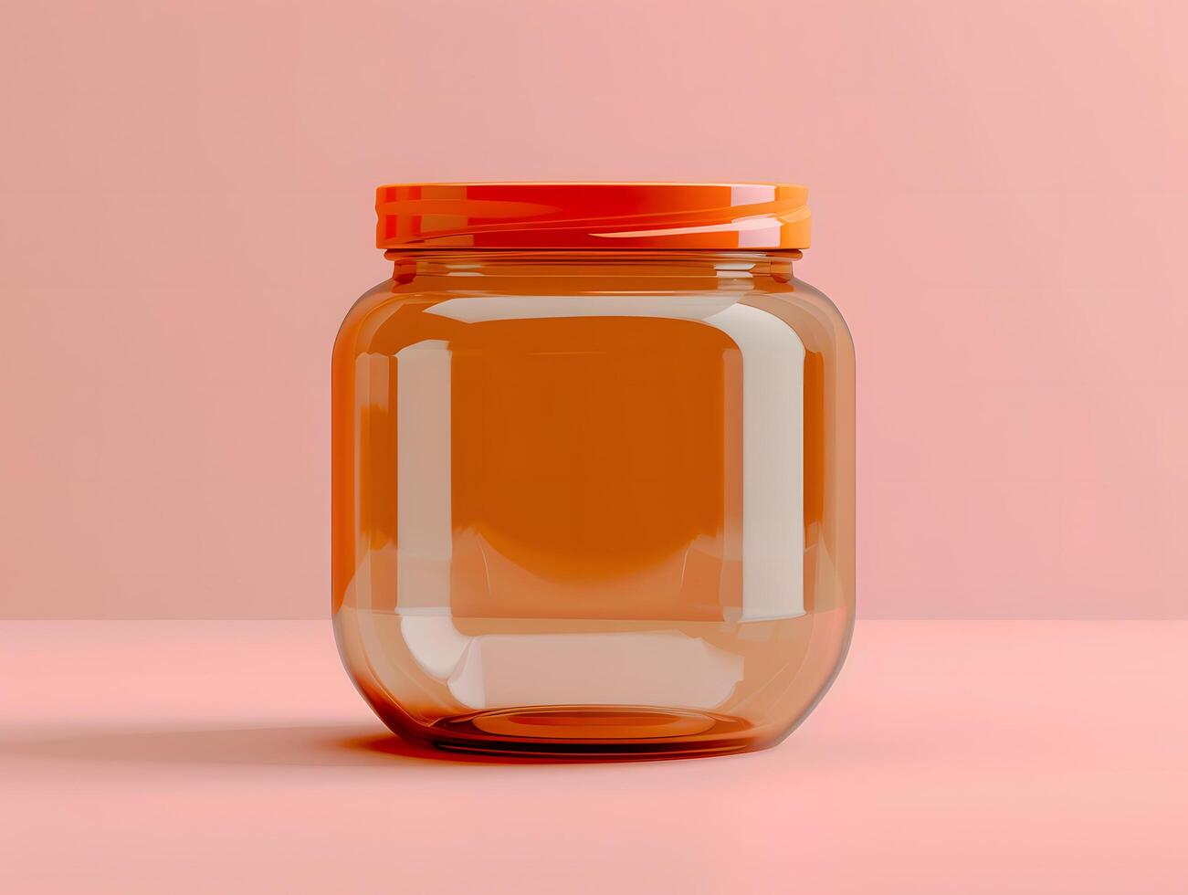 A glass jar with an orange lid on a pink background photo