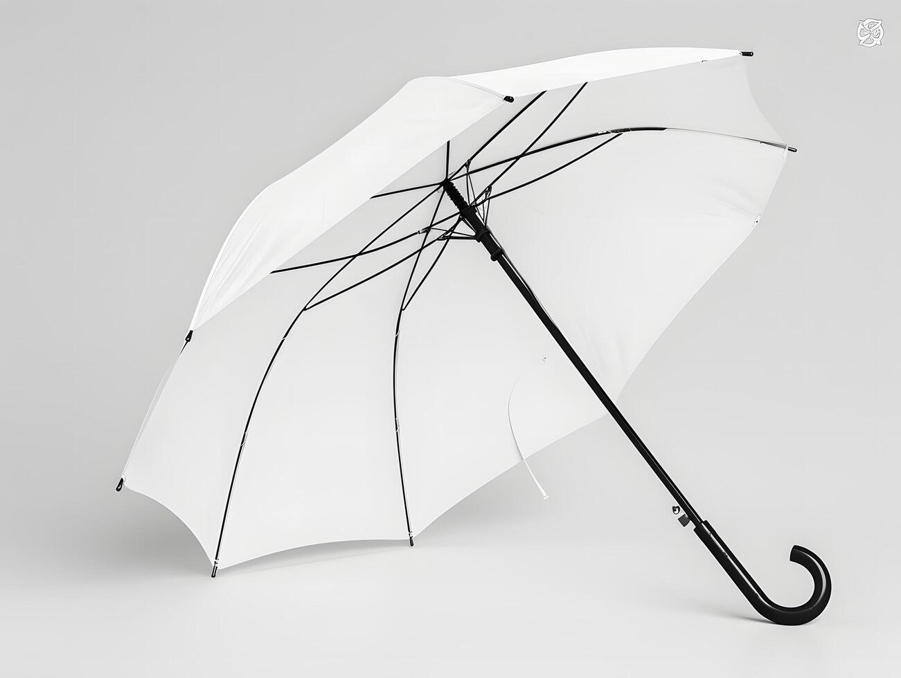 A white umbrella with black handle on a white background photo