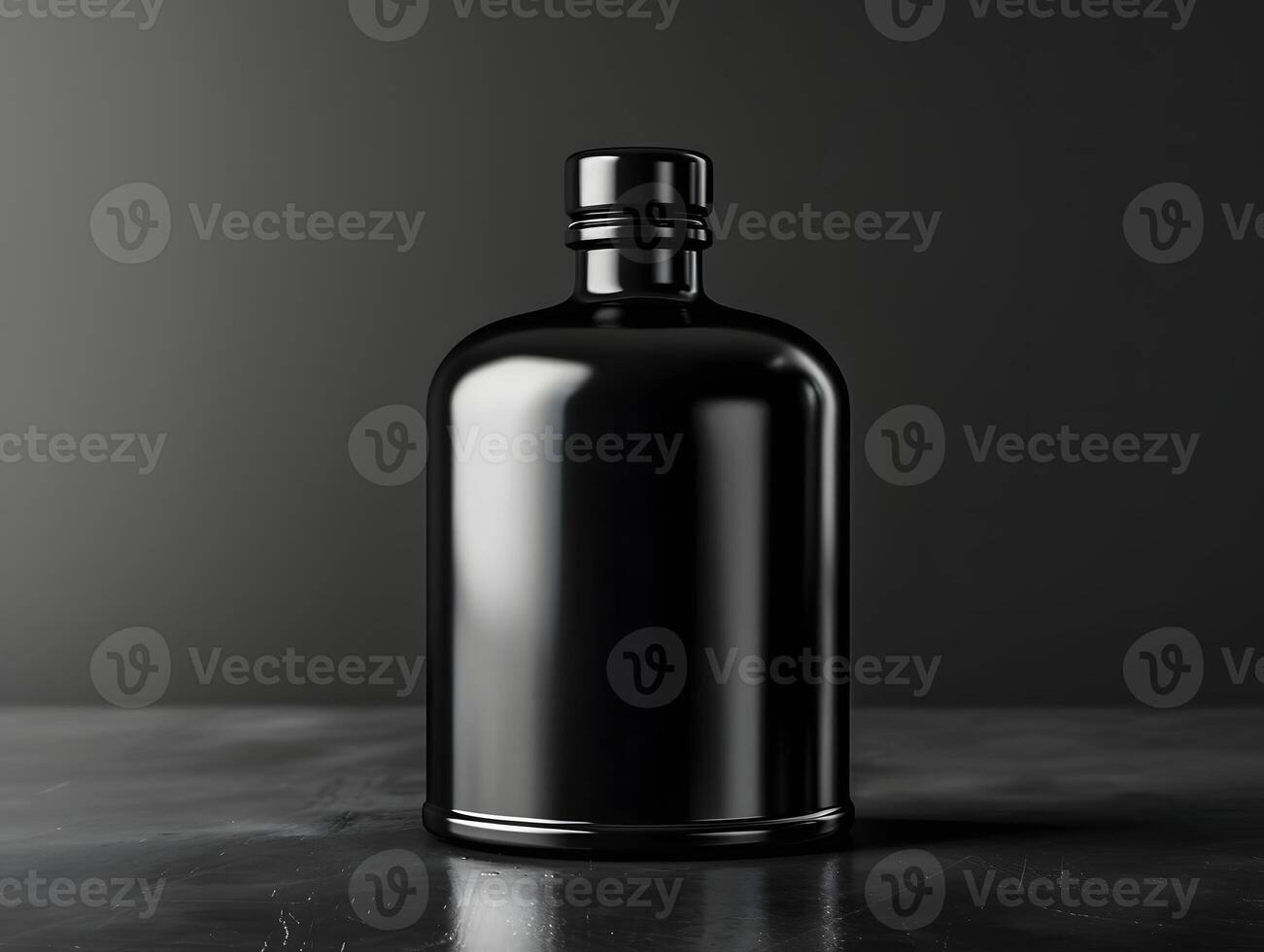 Black glass bottle with black label on a dark background photo
