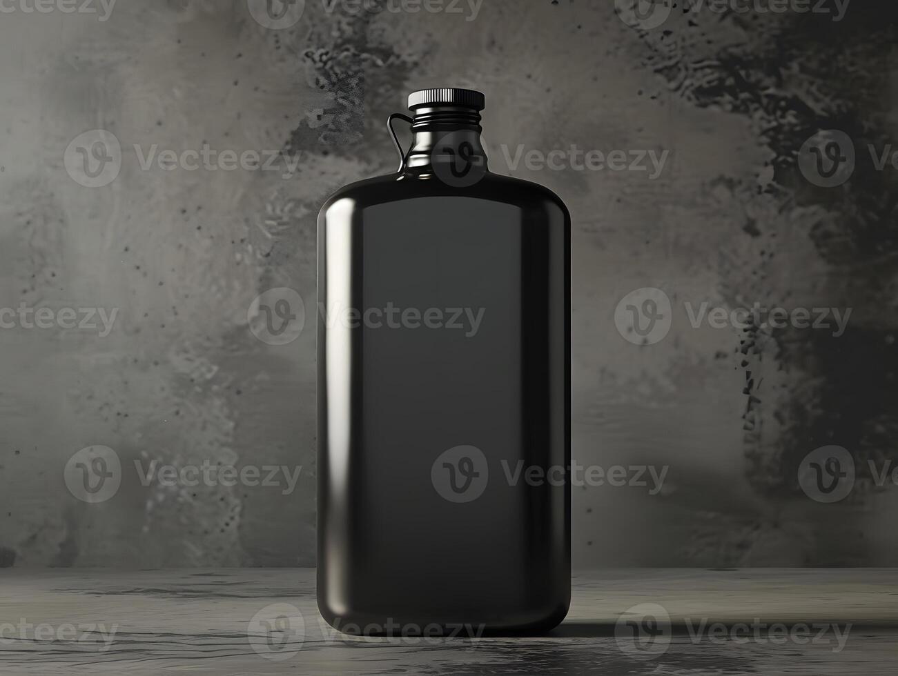A black bottle sitting on a table with a gray background photo