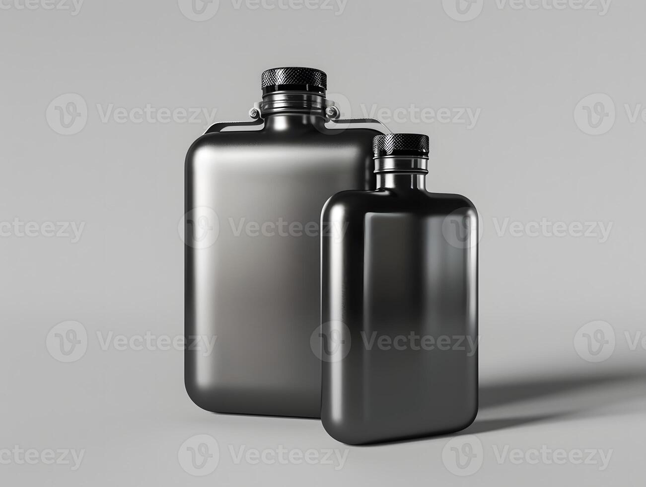 Two hip flasks are shown on a gray background photo