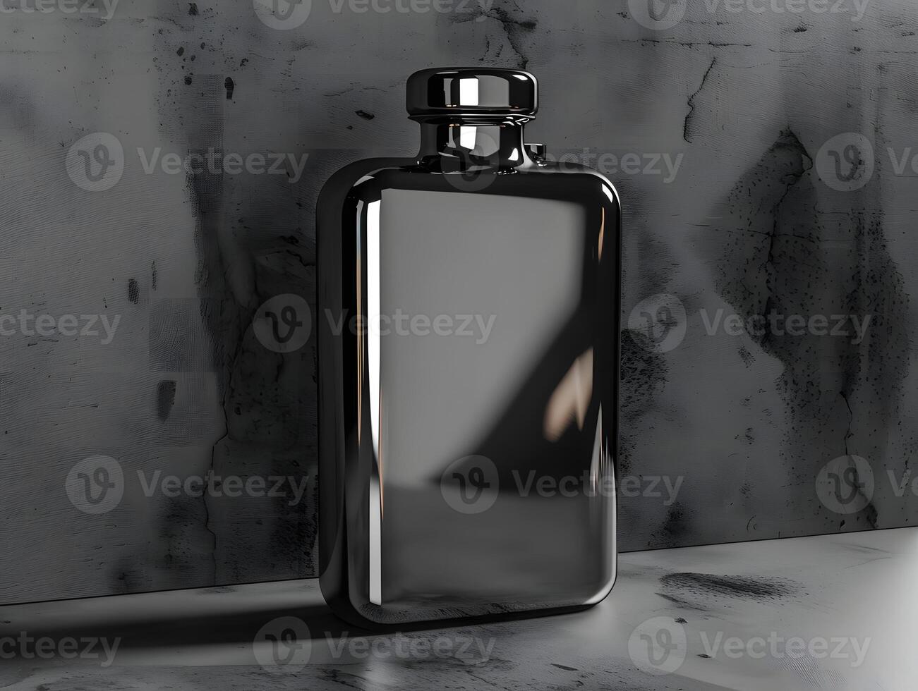 A black and silver flask sitting on a table photo