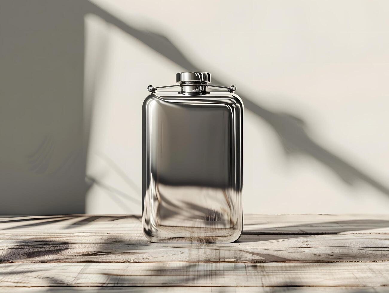 A silver flask sitting on a wooden table photo