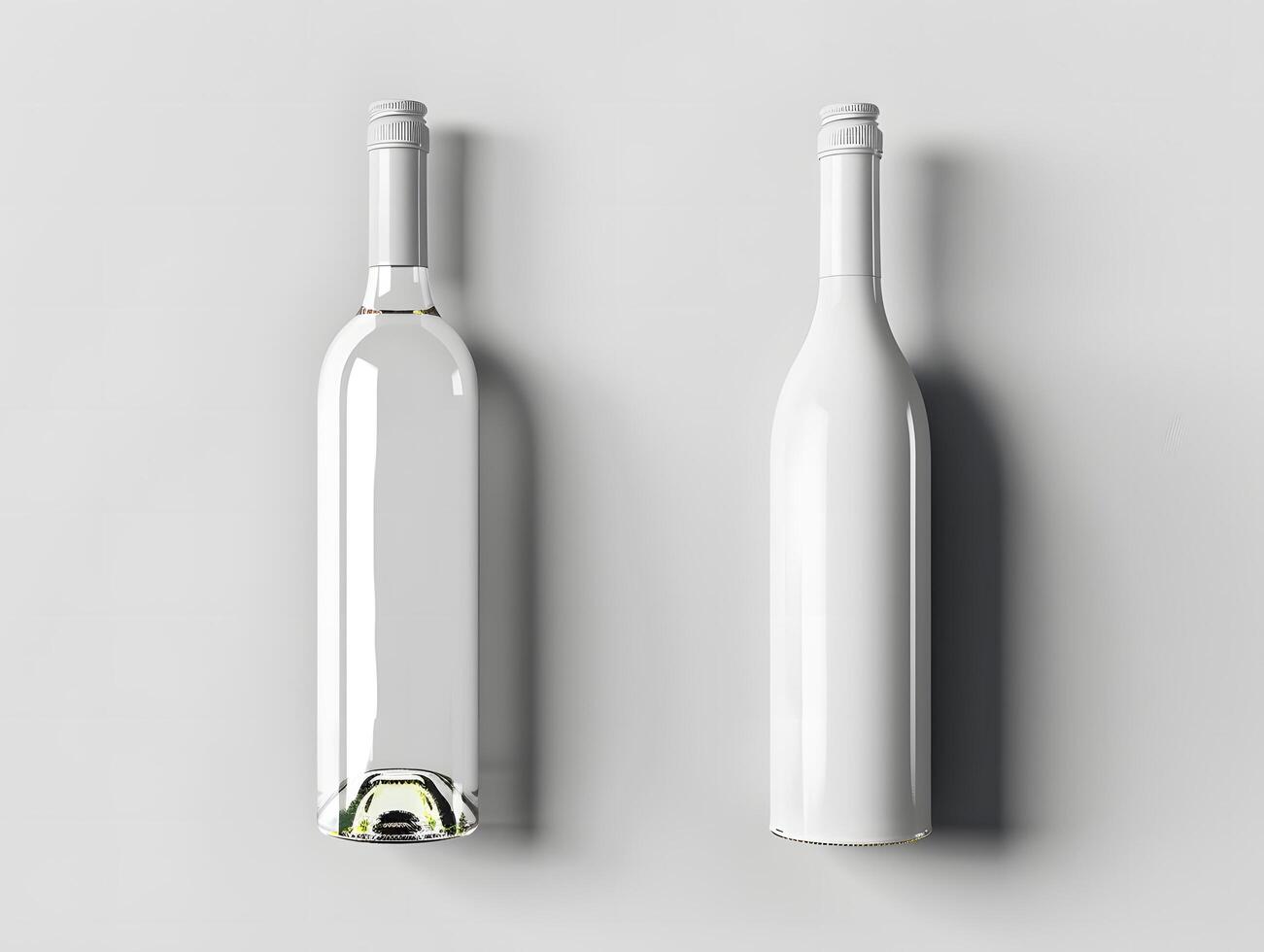 Two empty wine bottles on a white surface photo