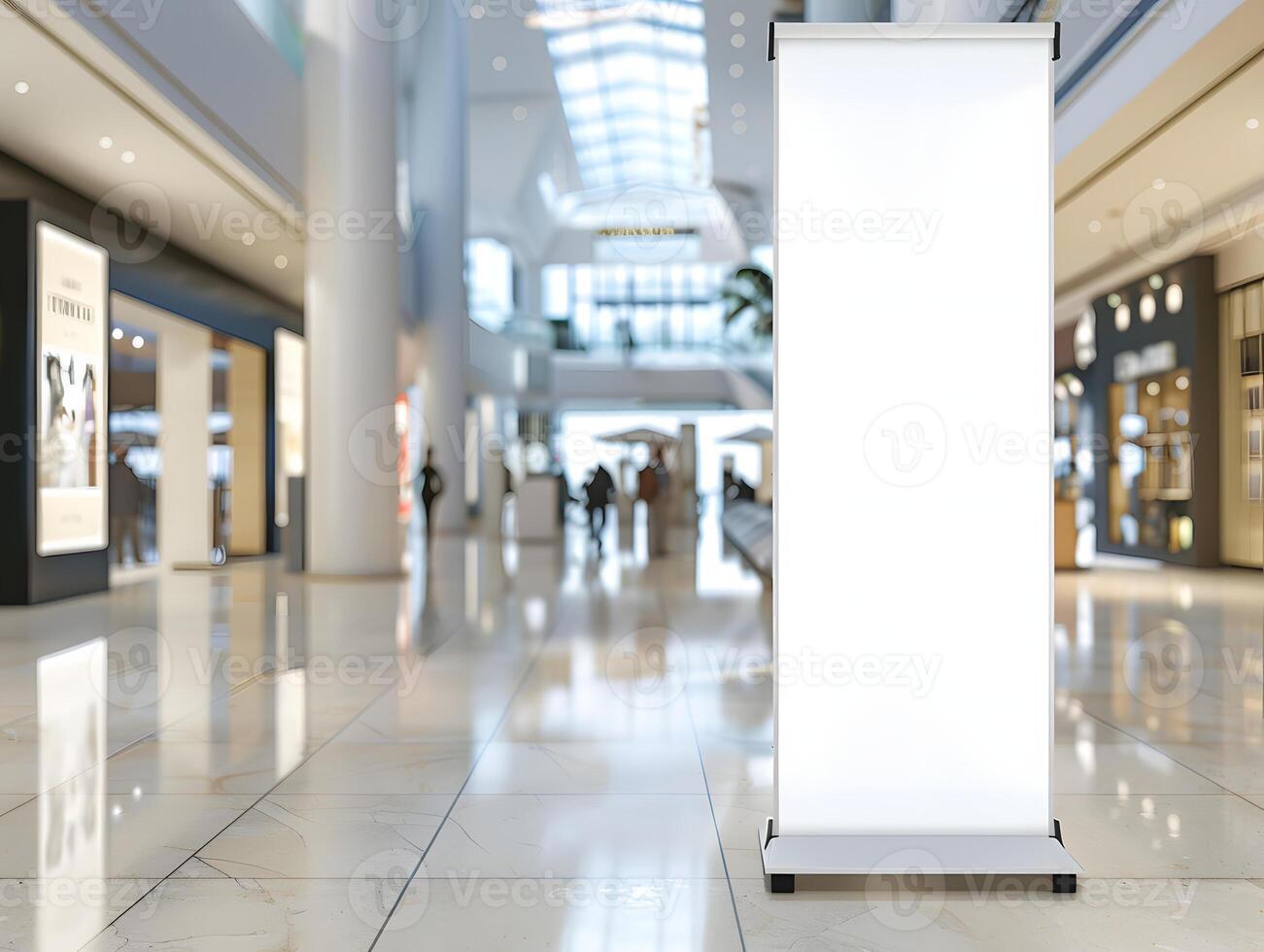 A blank roll up banner stands in a shopping mall photo