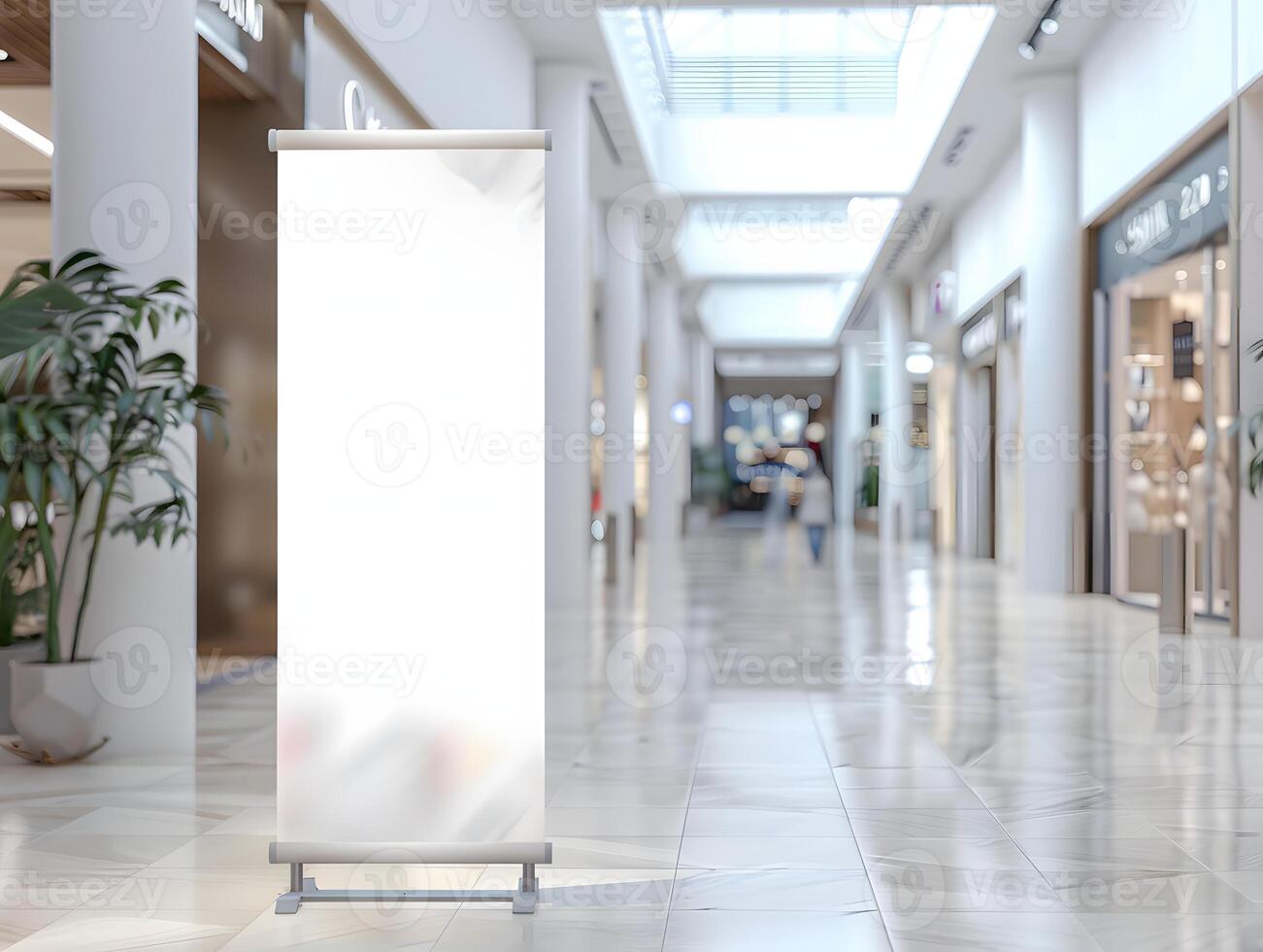 A blank roll up banner stands in a mall photo