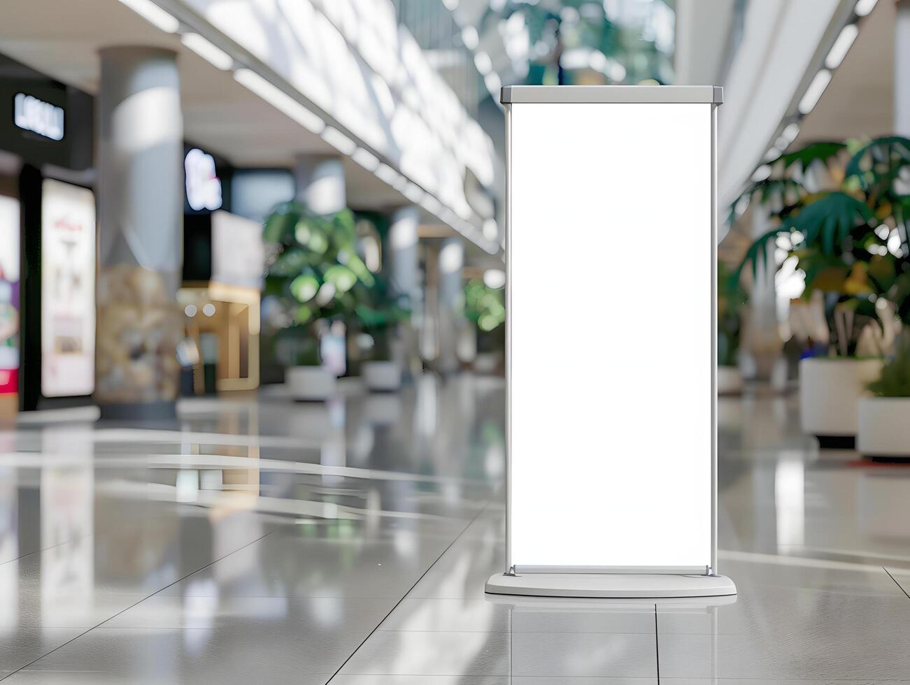 A white blank roll up banner stands in a mall photo