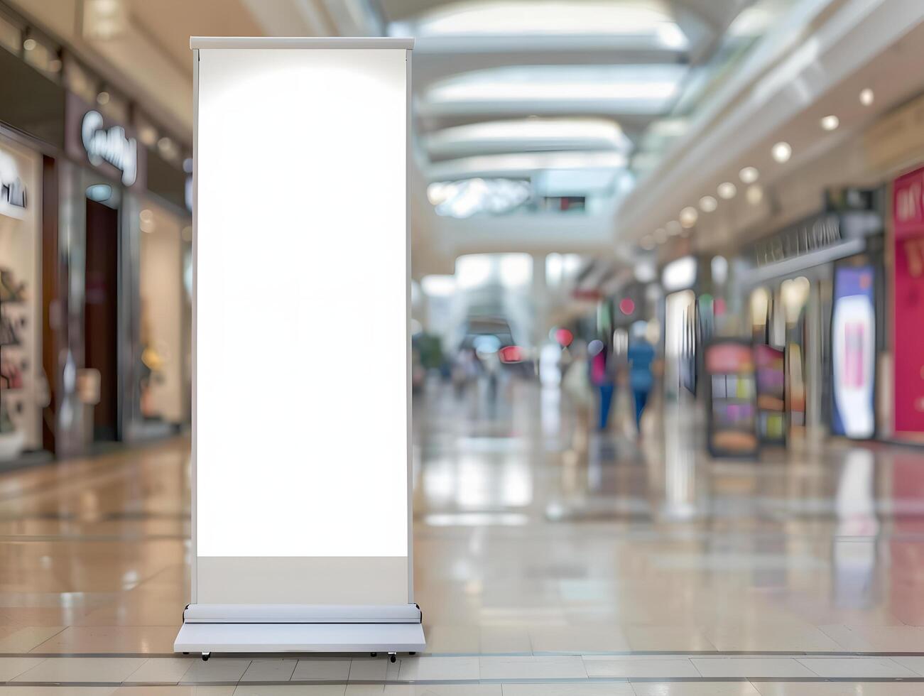 A blank roll up banner stand in a mall photo