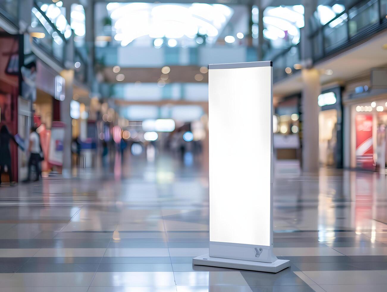 A white banner stand in a mall photo