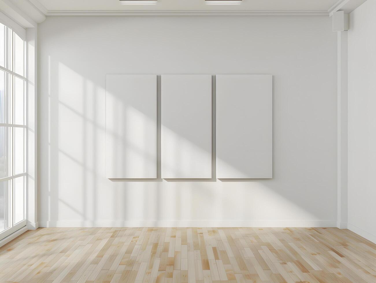 Empty room with three white blank canvas hanging on the wall photo