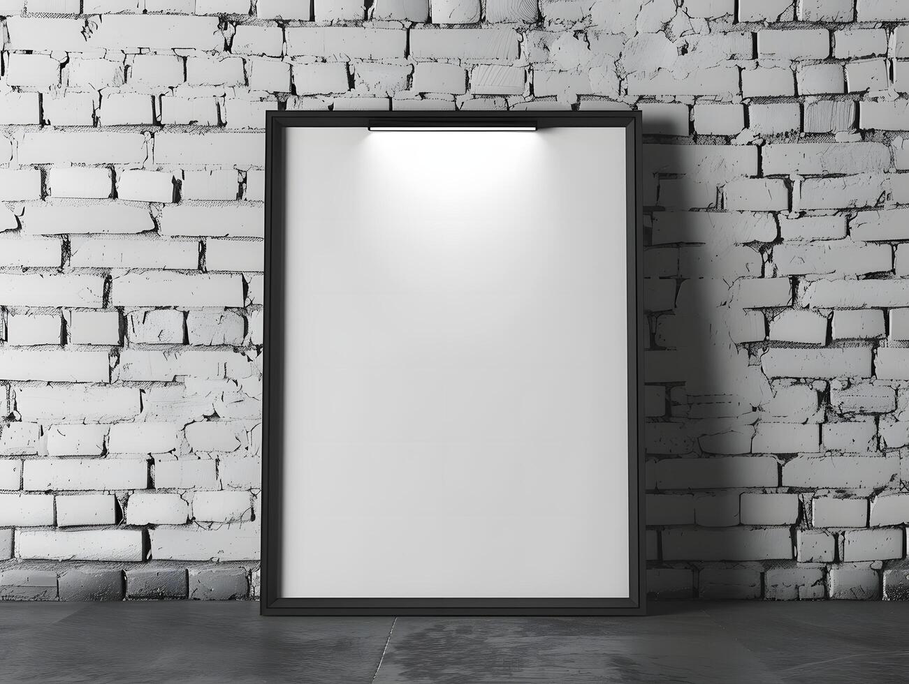 Blank white frame on brick wall with light photo