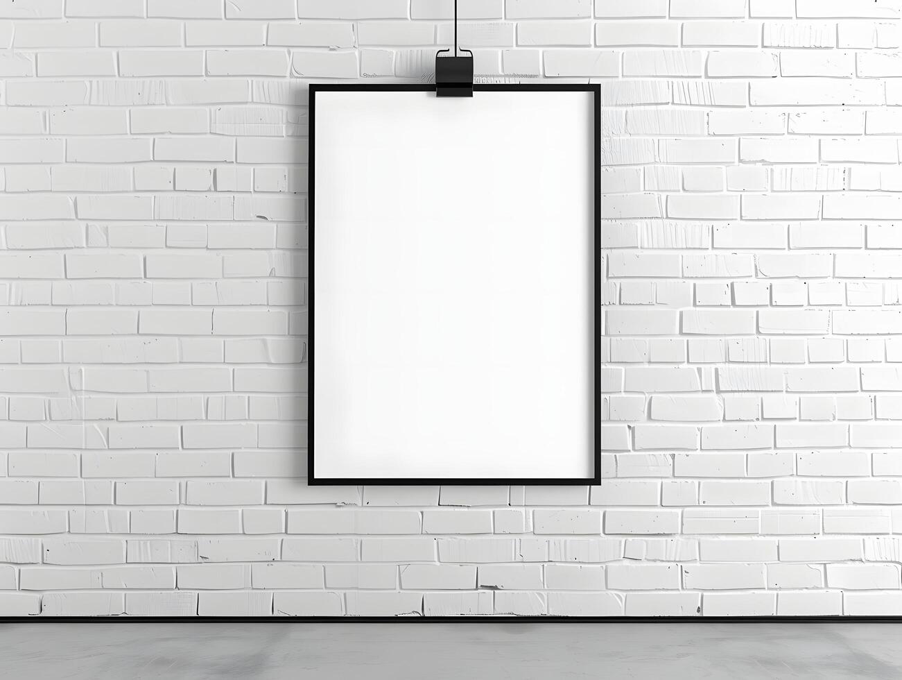 A blank white frame hanging on a brick wall photo