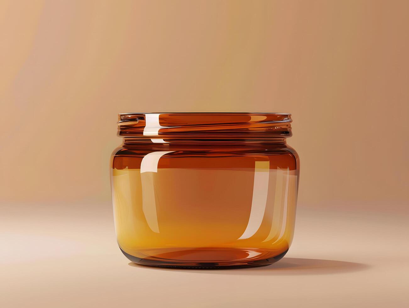 A glass jar with a brown lid on a beige background photo