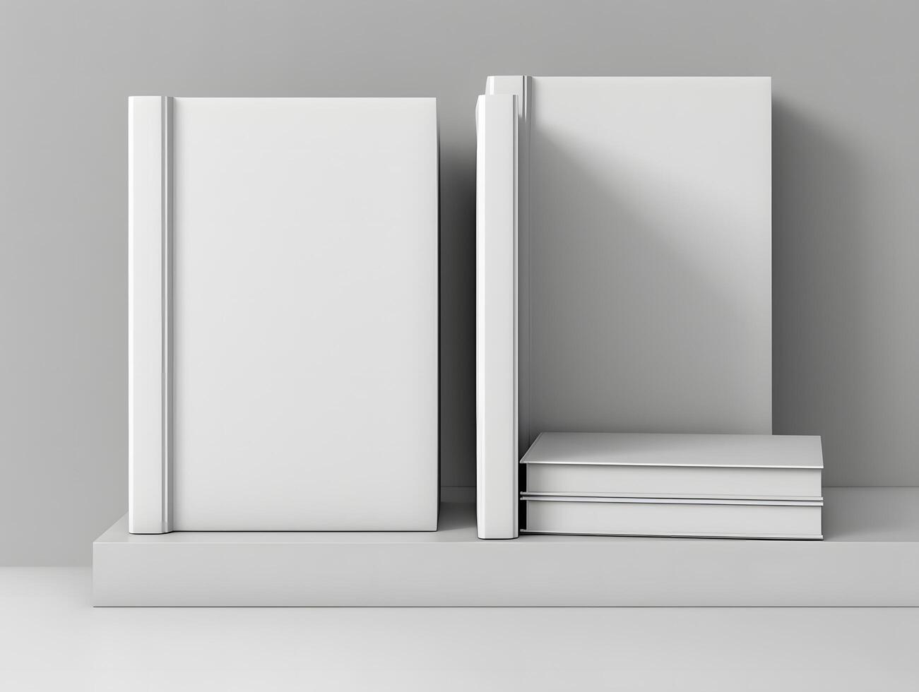 Three blank books on a shelf with a white background photo