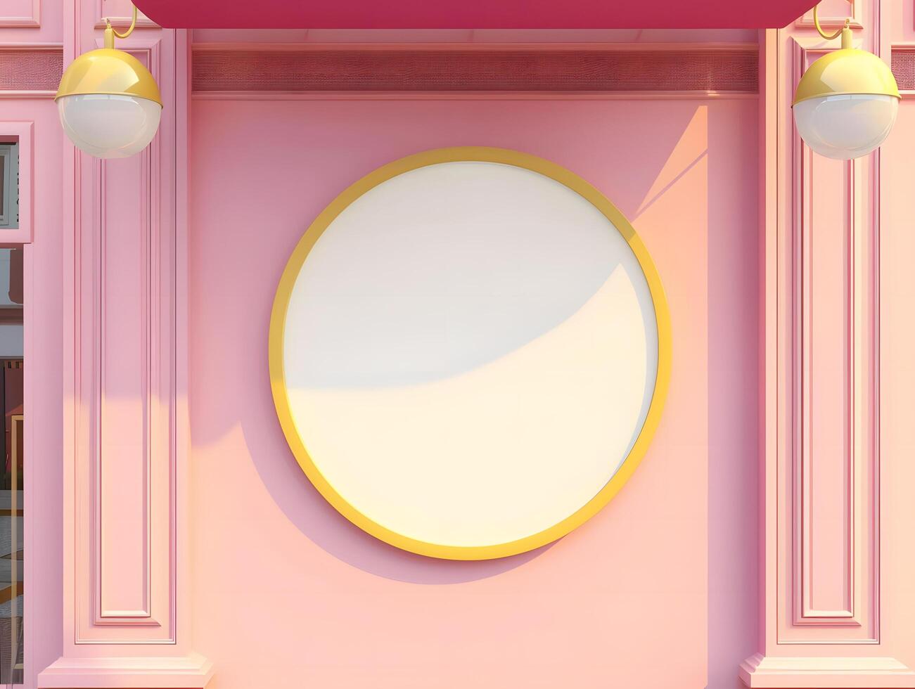 A pink building with a round white frame photo