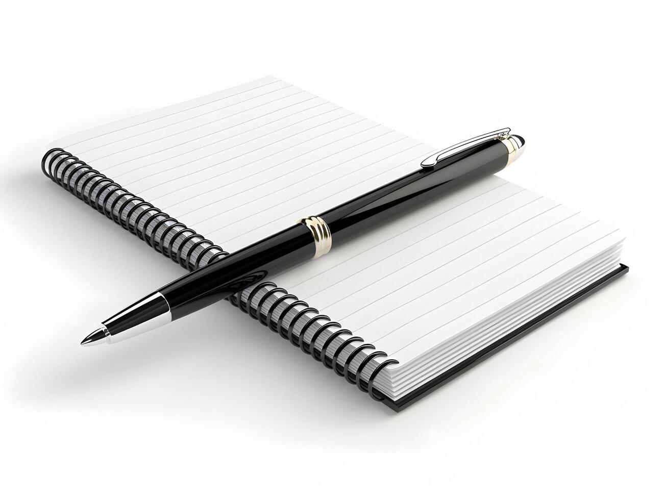 A pen and notebook on a white surface photo