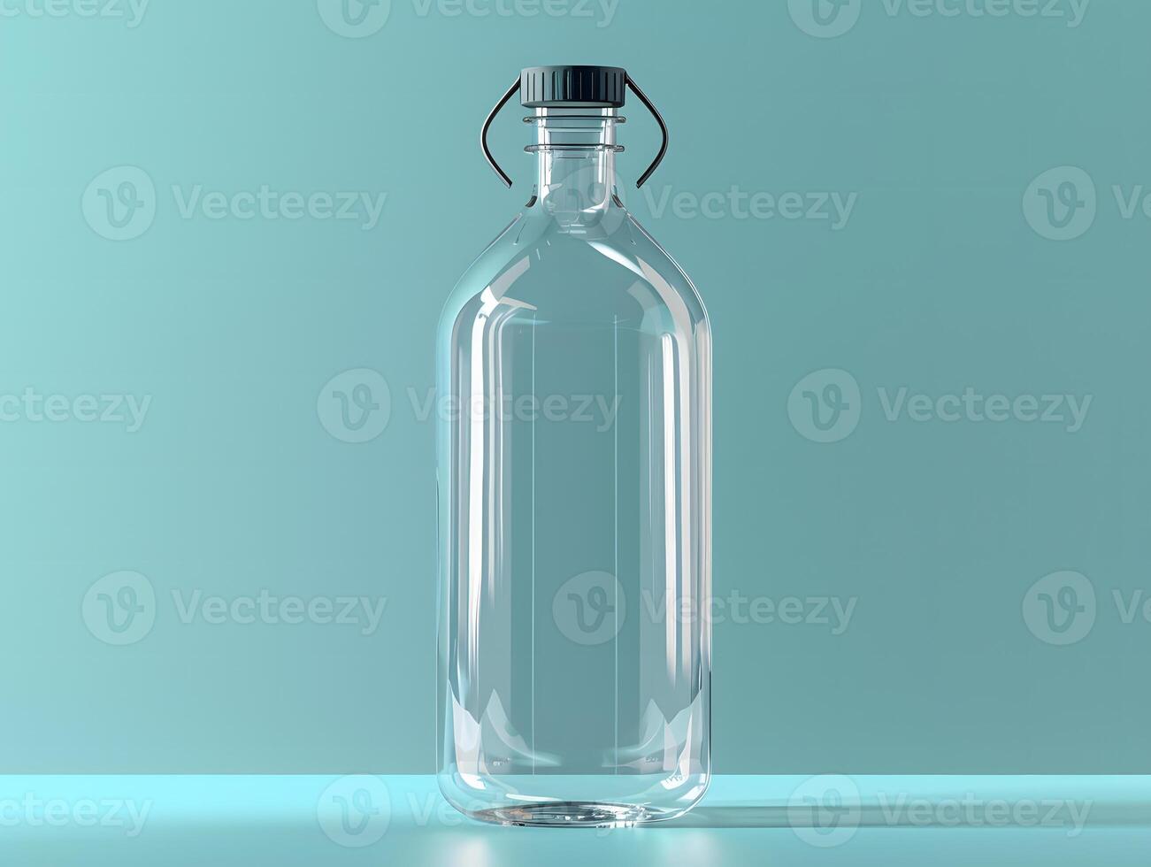 A clear glass bottle with a metal handle on a blue background photo