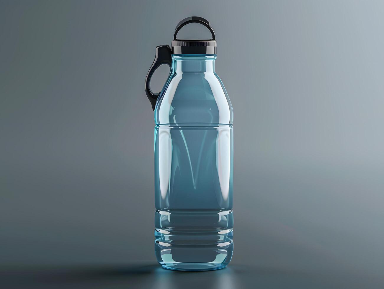 A blue water bottle with a black handle photo