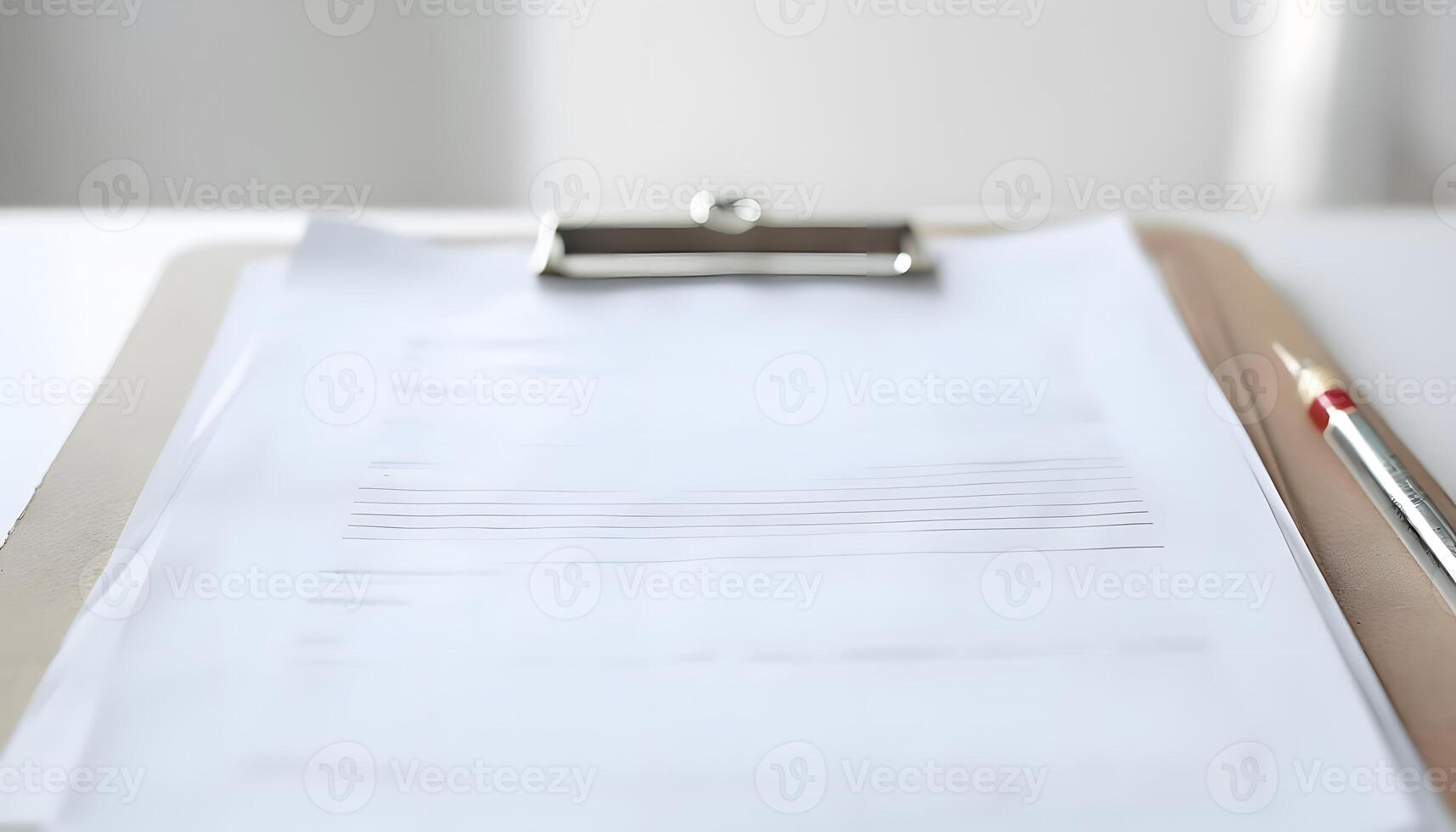 A clipboard with a paper and pen on a table photo