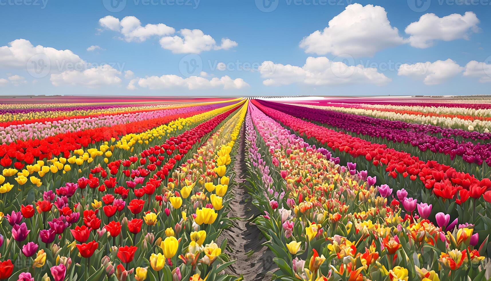 A field of tulips with a blue sky in the background photo