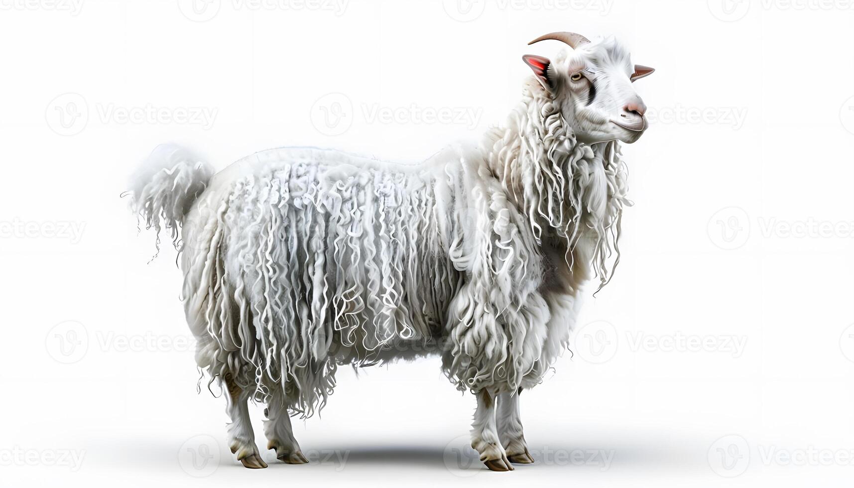 A goat with long hair standing on a white background photo