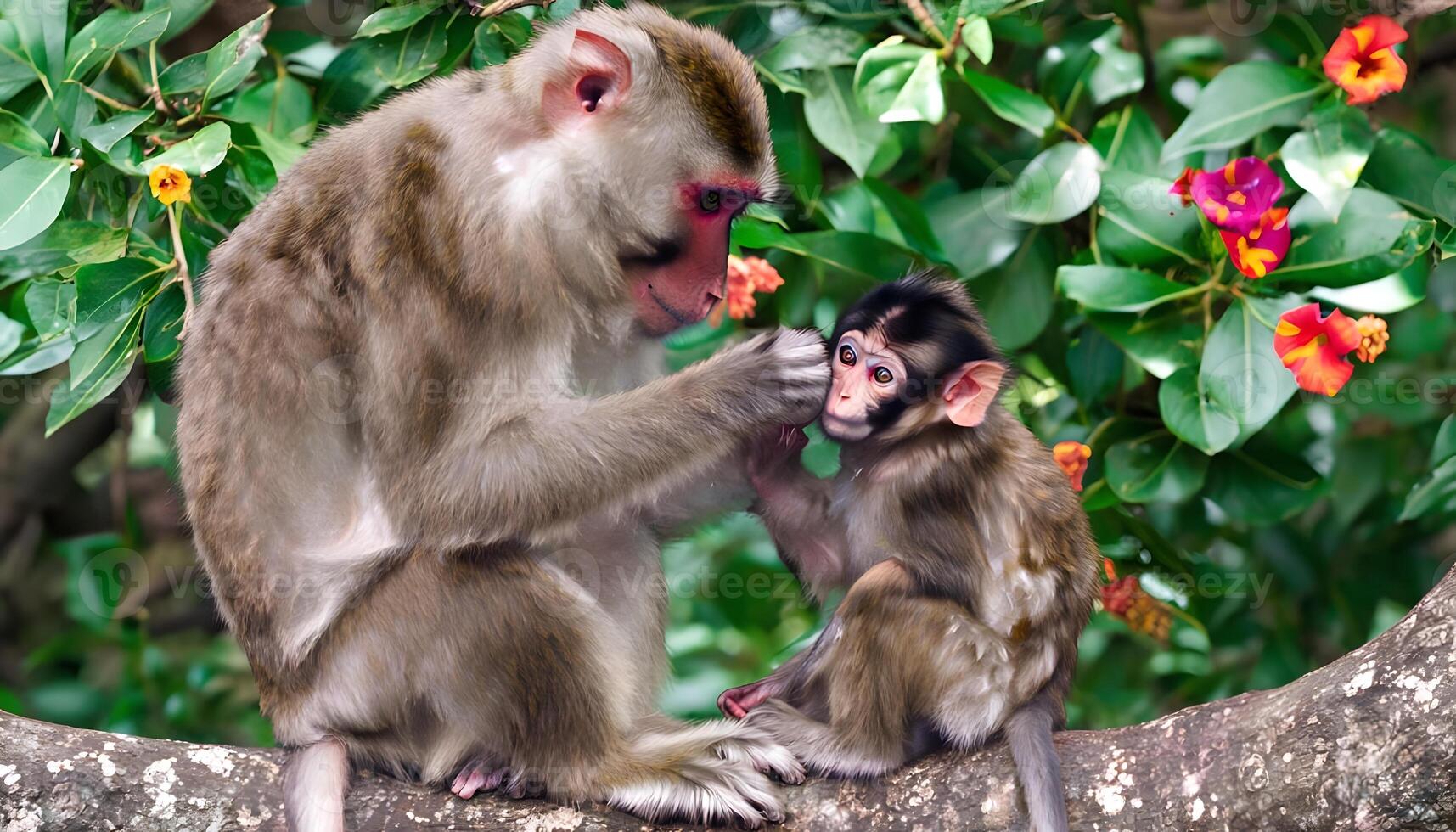 A monkey grooming another monkey photo