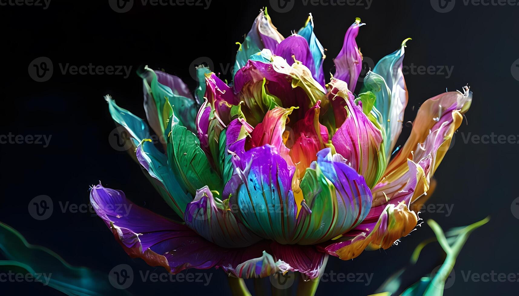 A colorful flower is shown in the dark photo