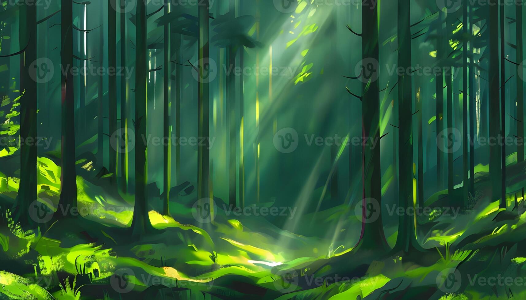 A painting of a forest with sunlight shining through the trees photo
