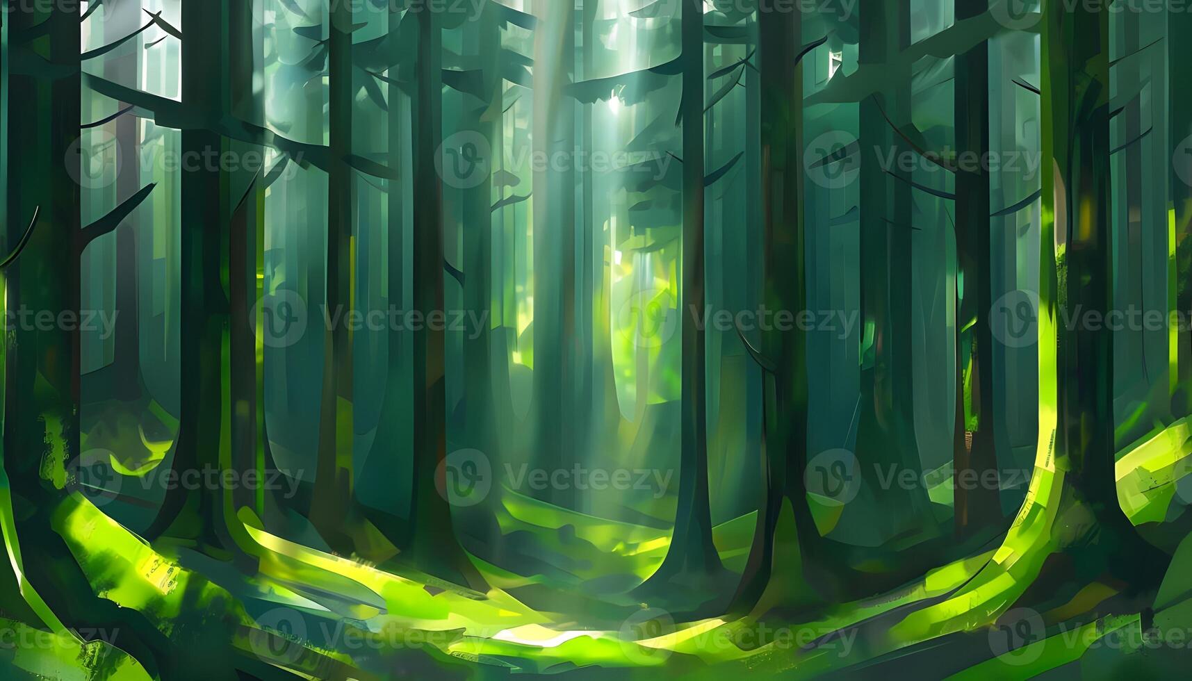 A painting of a forest with sunlight shining through the trees photo