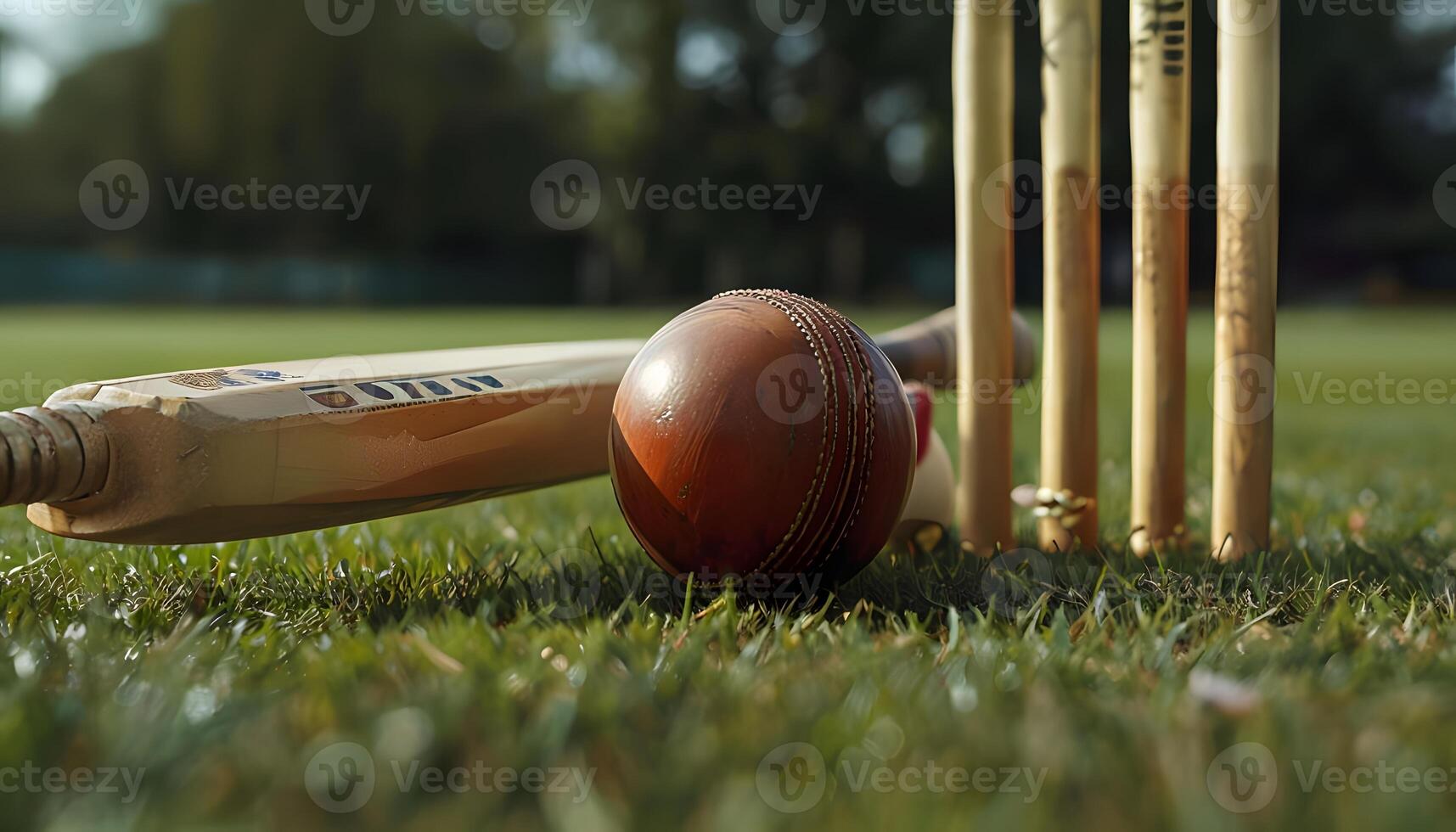 A cricket bat, ball and a wicket are on the grass photo
