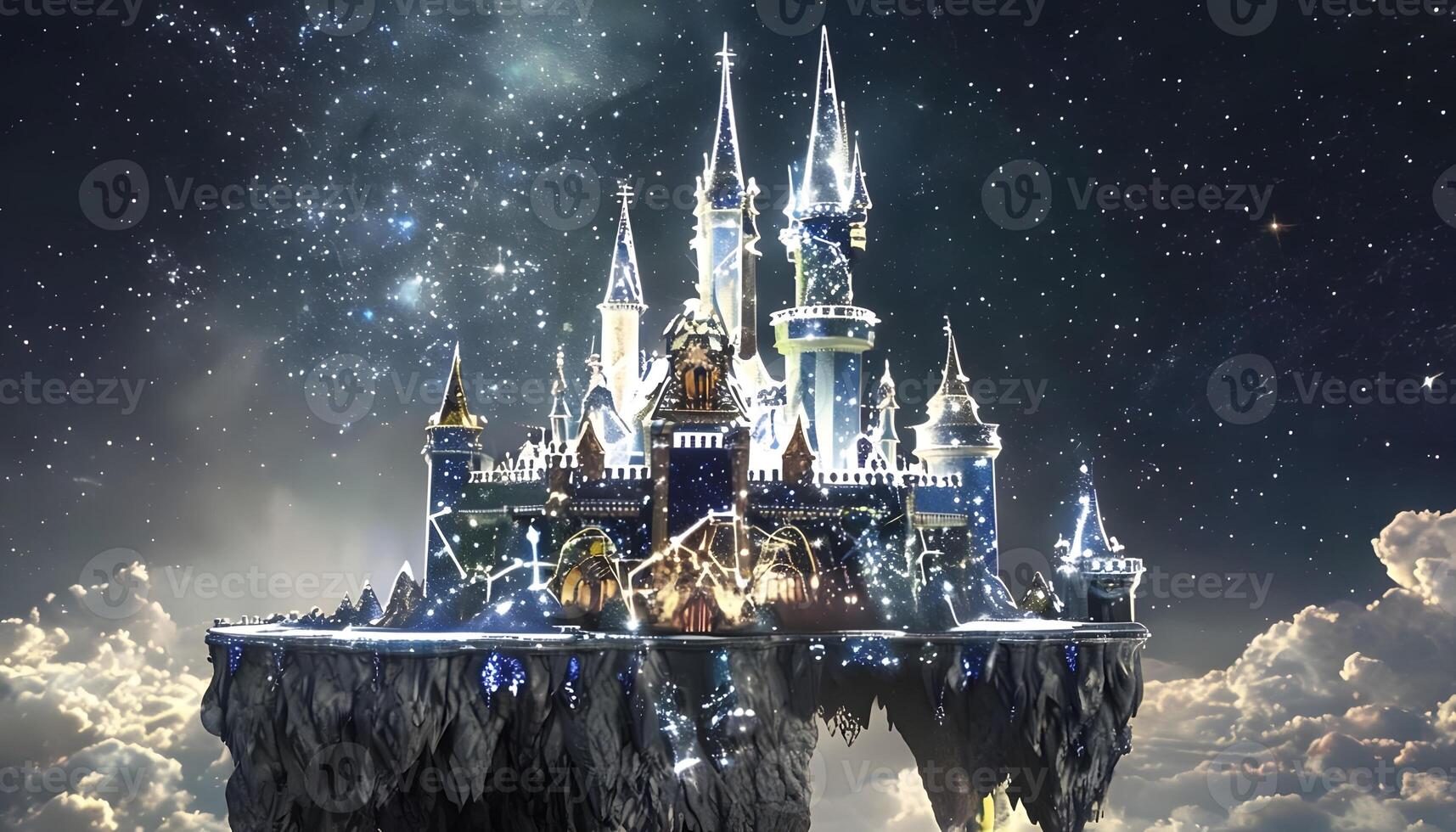 A castle floating in the sky with stars photo