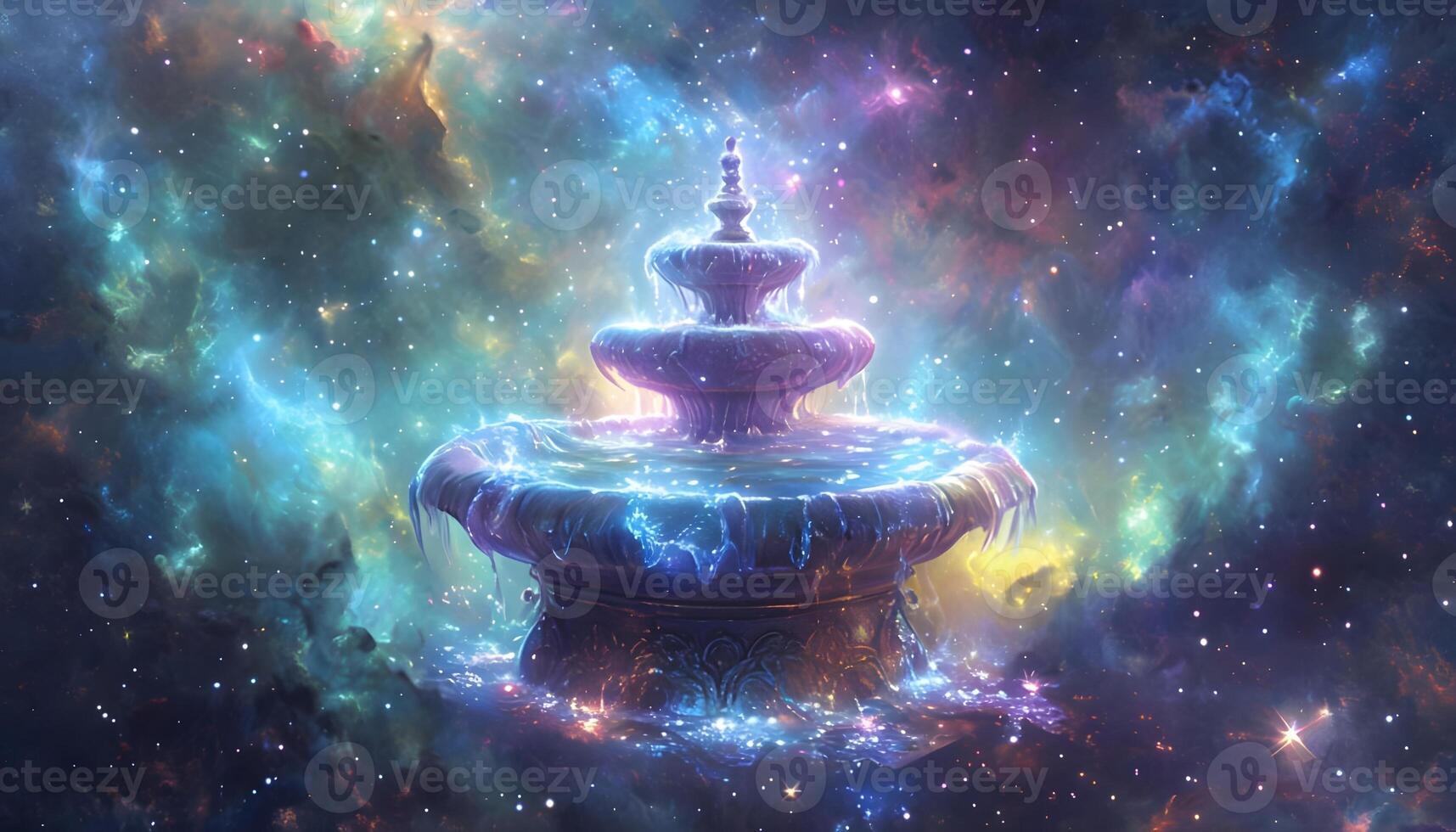 An artistic painting of a fountain in space photo