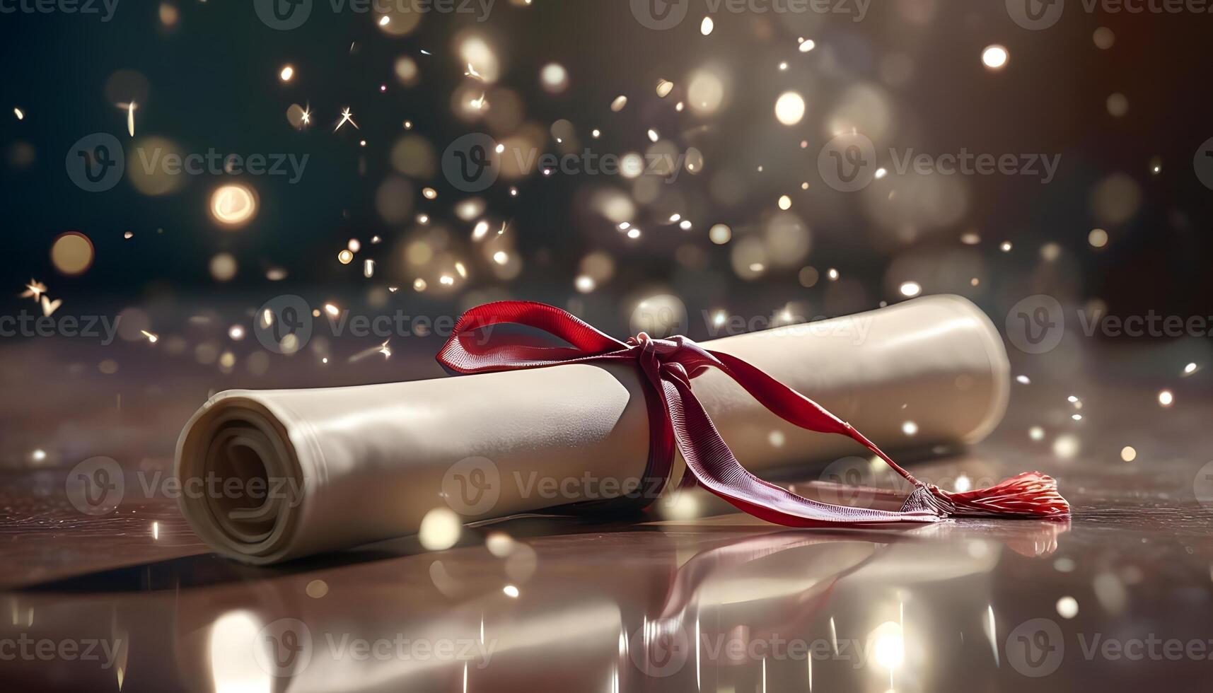 A diploma is wrapped around a red ribbon photo