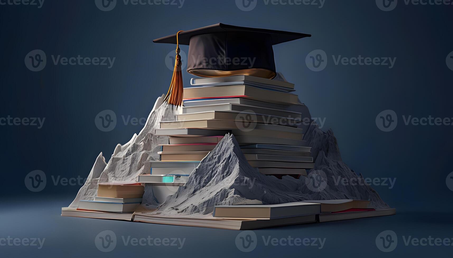 A graduation cap is sitting on top of a mountain of books photo