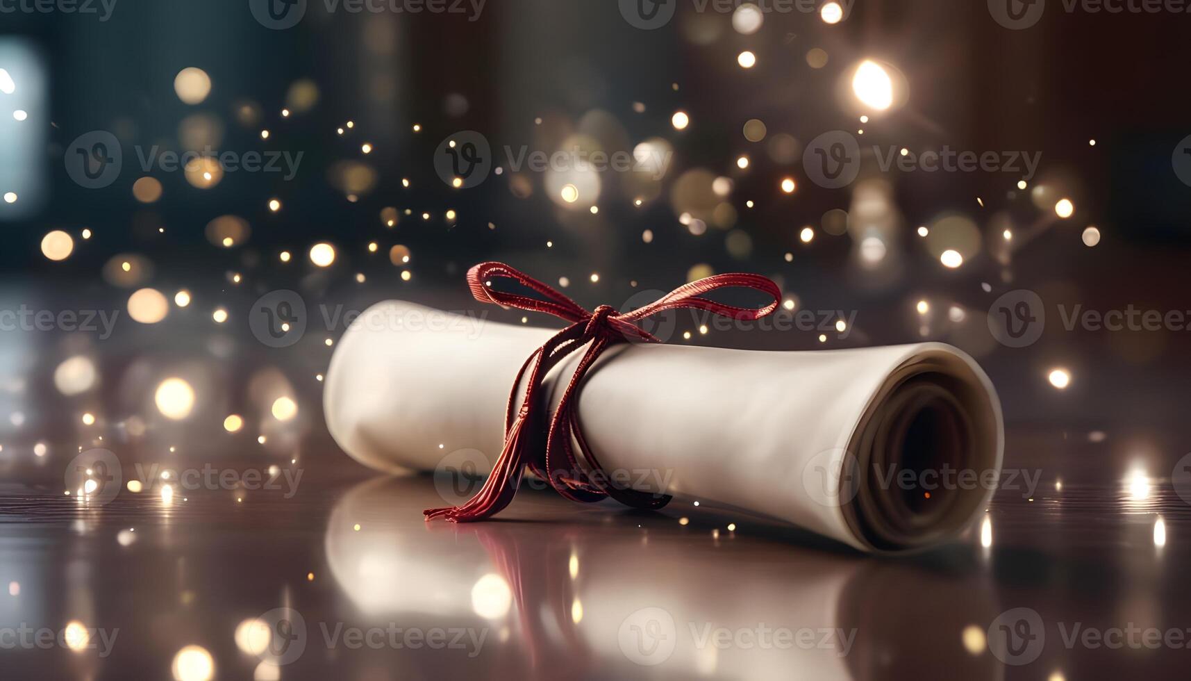 A diploma is wrapped in a red ribbon and lit with sparkling lights photo
