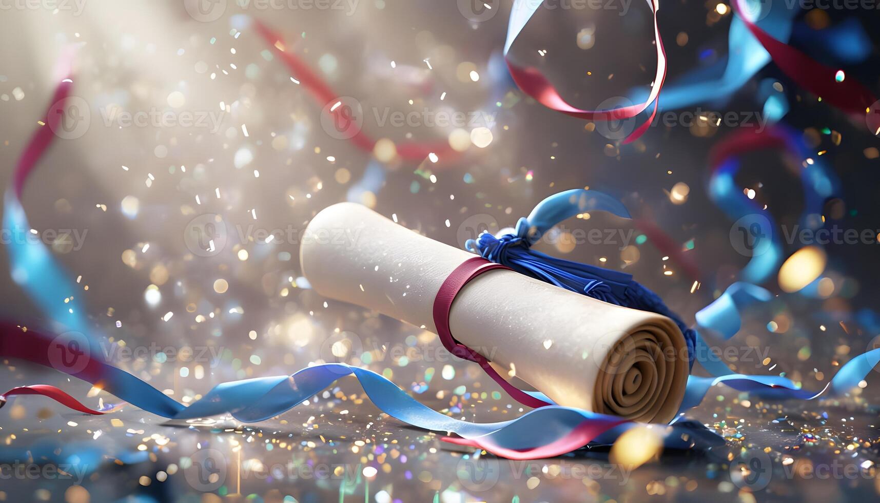 A graduation diploma with confetti and ribbons photo