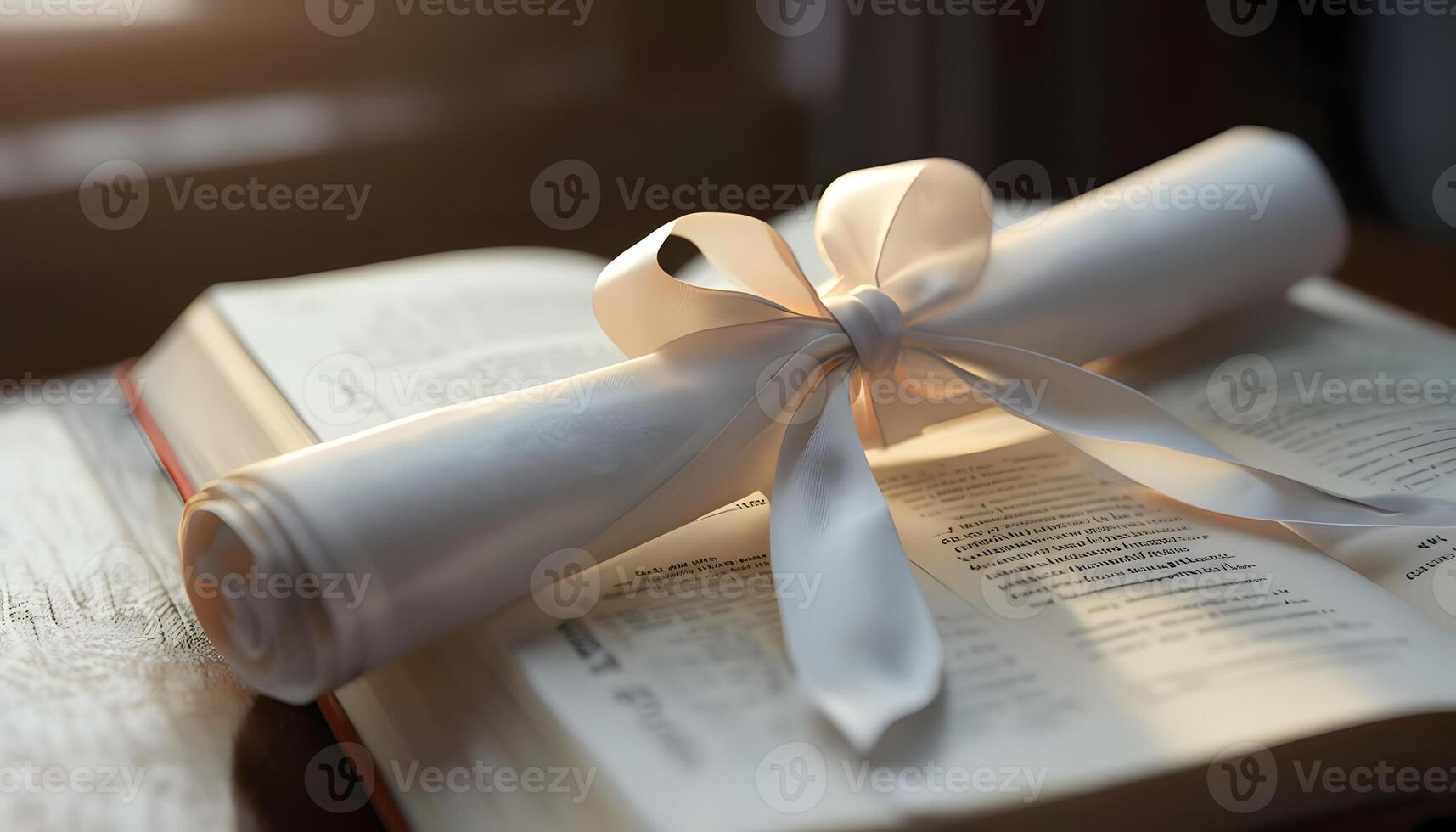 A scroll wrapped around an open book with a bow photo