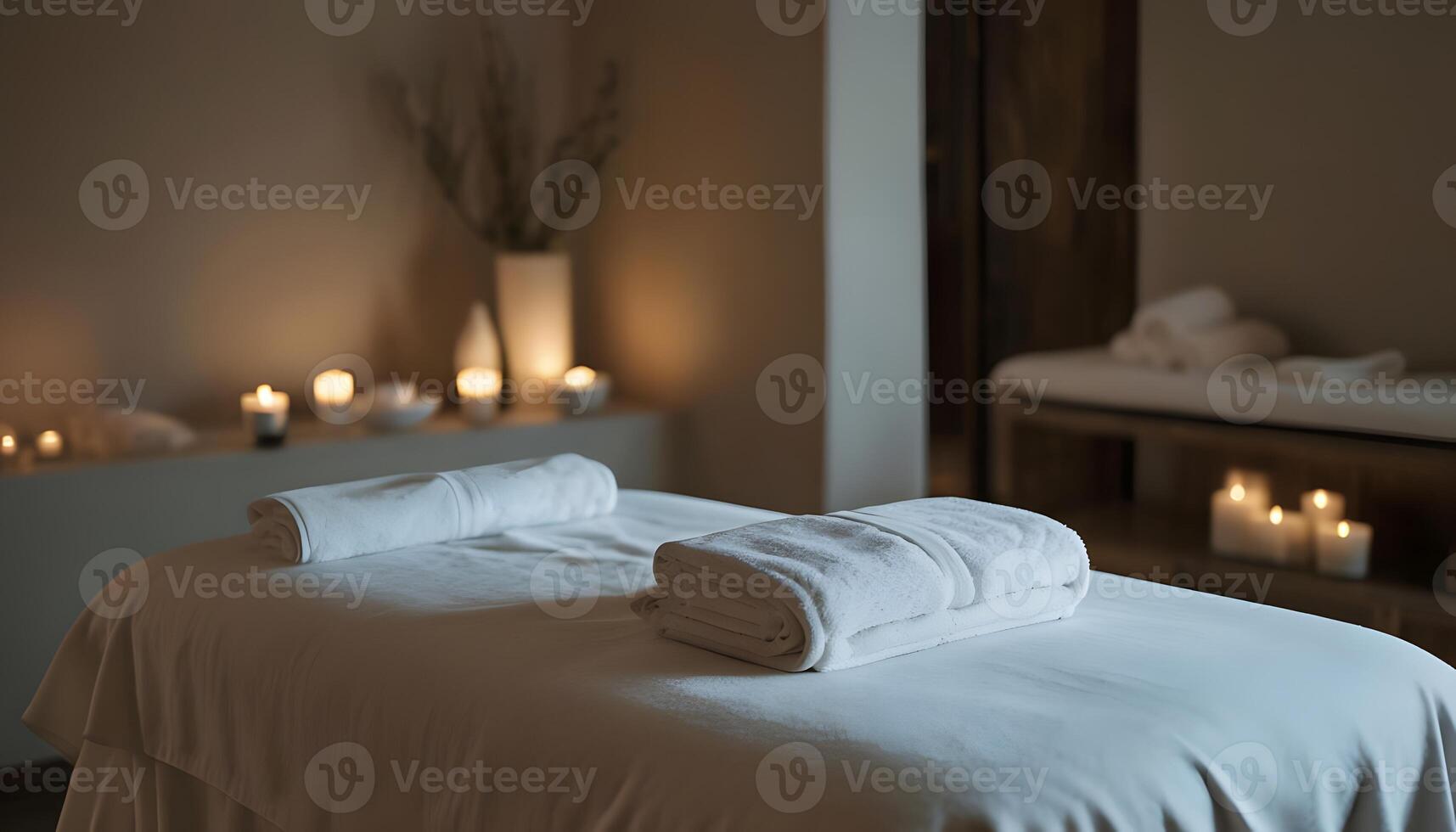 A massage table with candles and towels photo