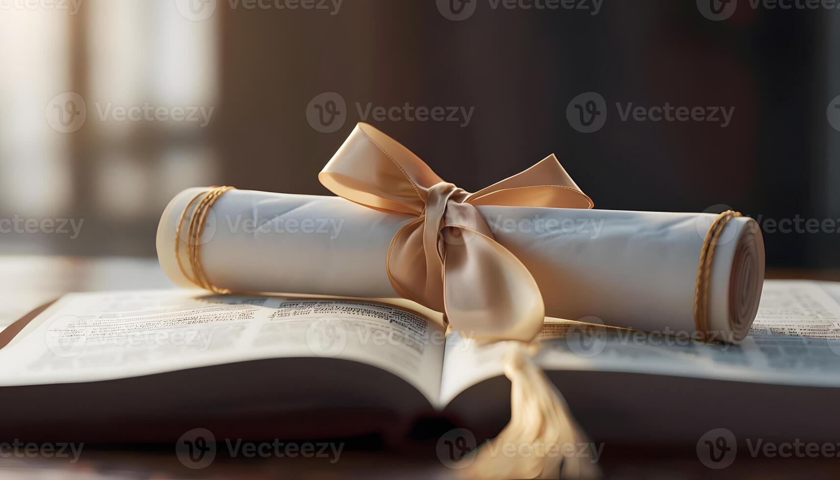 A scroll with a ribbon tied to it is sitting on top of an open book photo