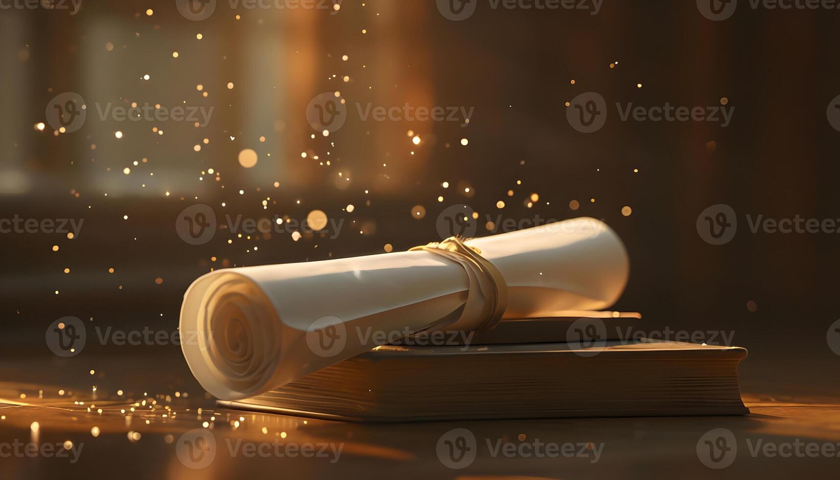 A scroll and a book on a table with a light shining on it photo