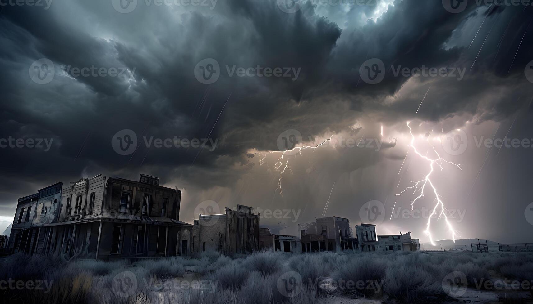 A stormy sky with lightning and rain over a deserted town photo