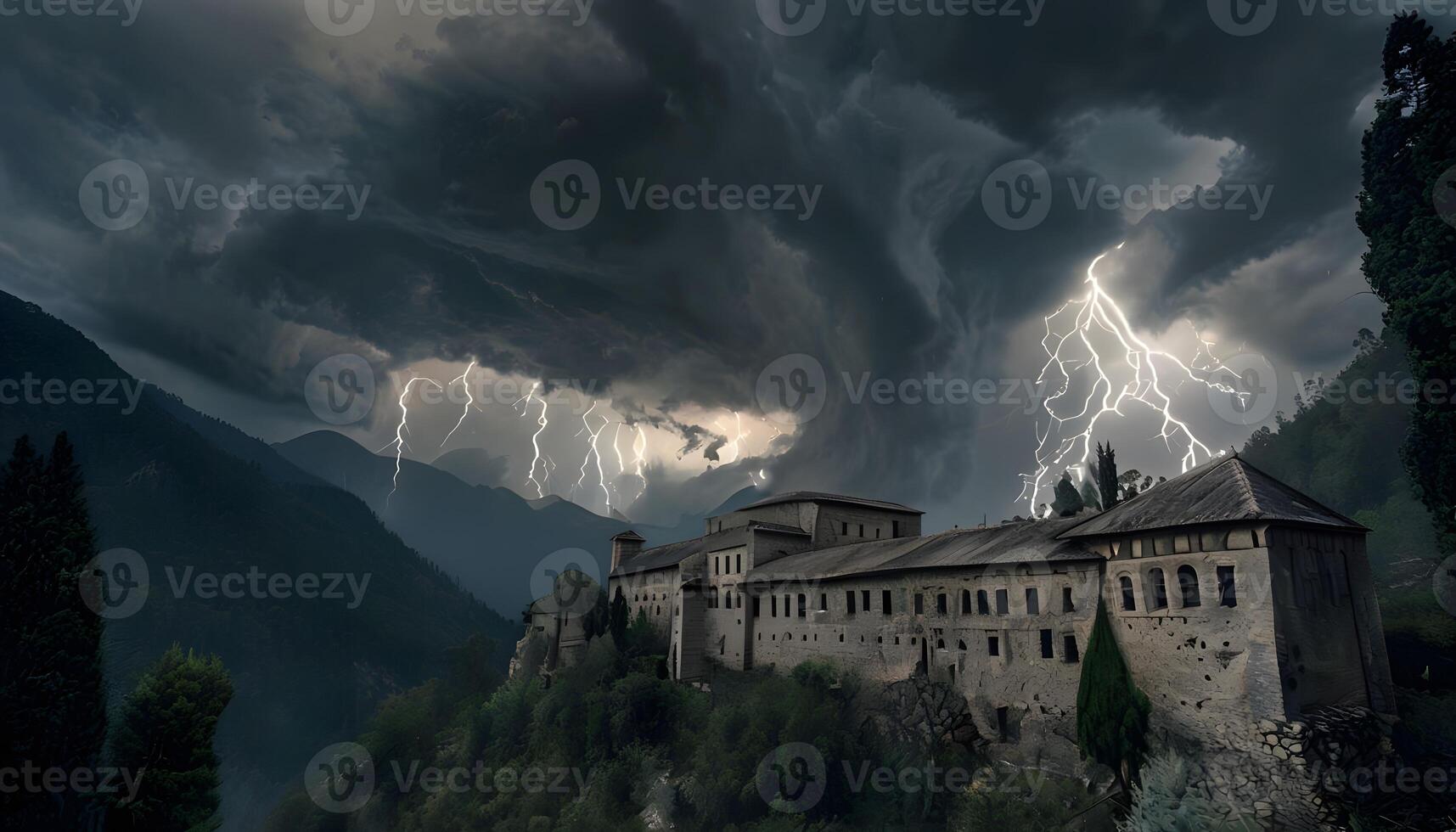 A castle in the mountains with lightning coming from the sky photo