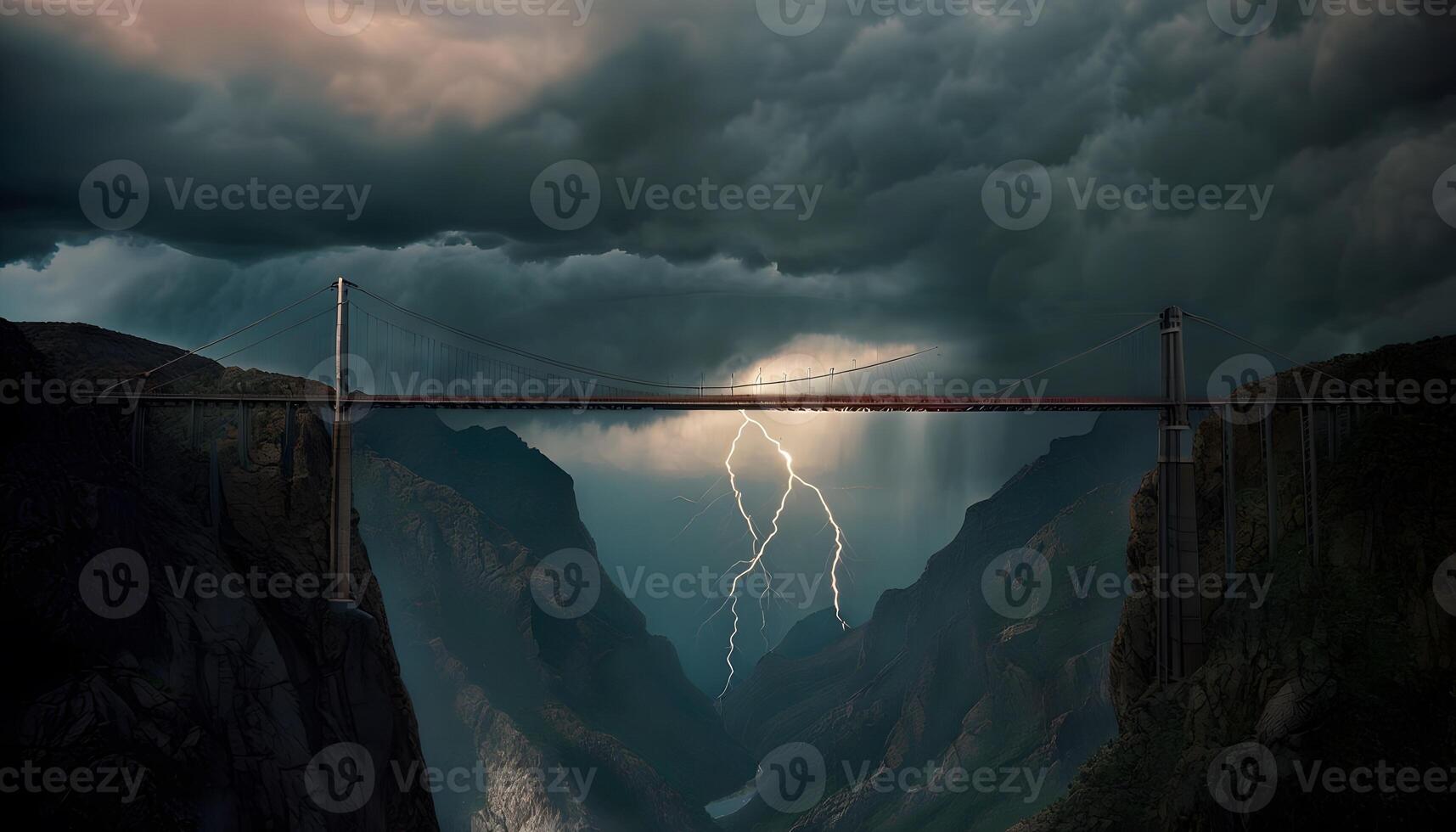 A bridge over a river with lightning coming from it photo