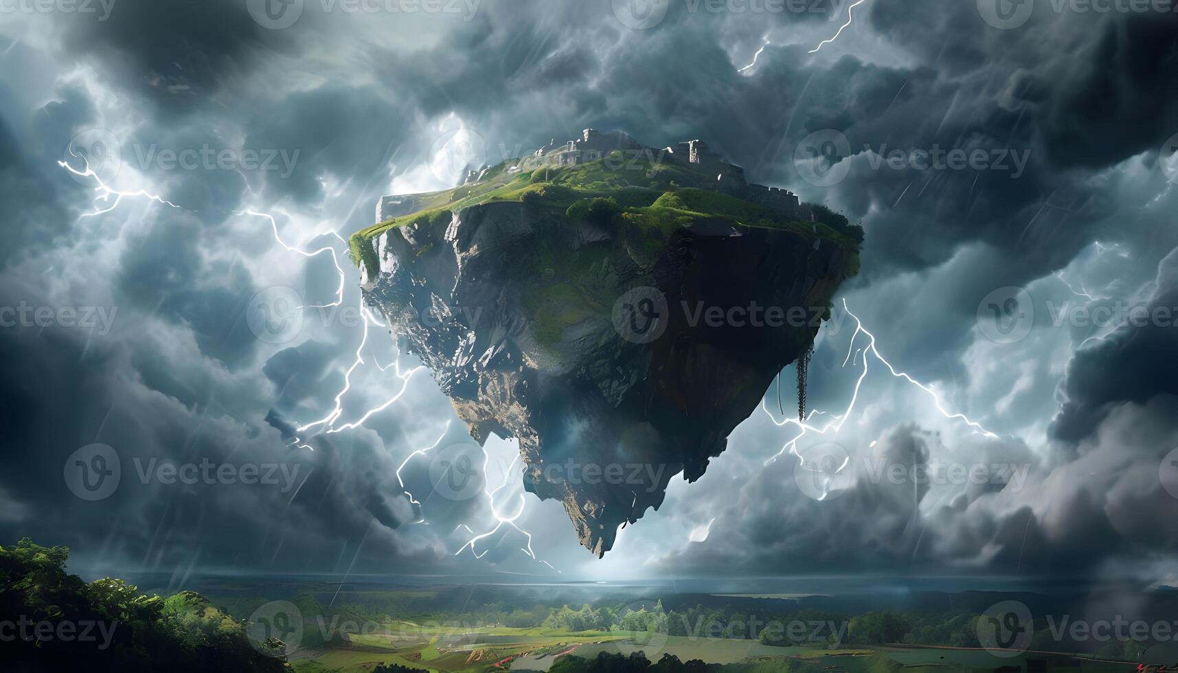 A floating island in the middle of a stormy sky photo