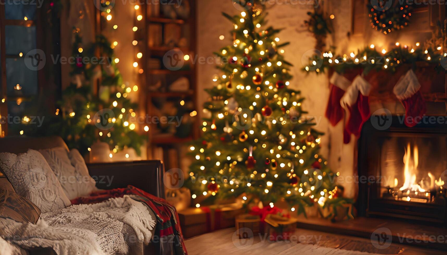 A living room with a fireplace and christmas tree photo