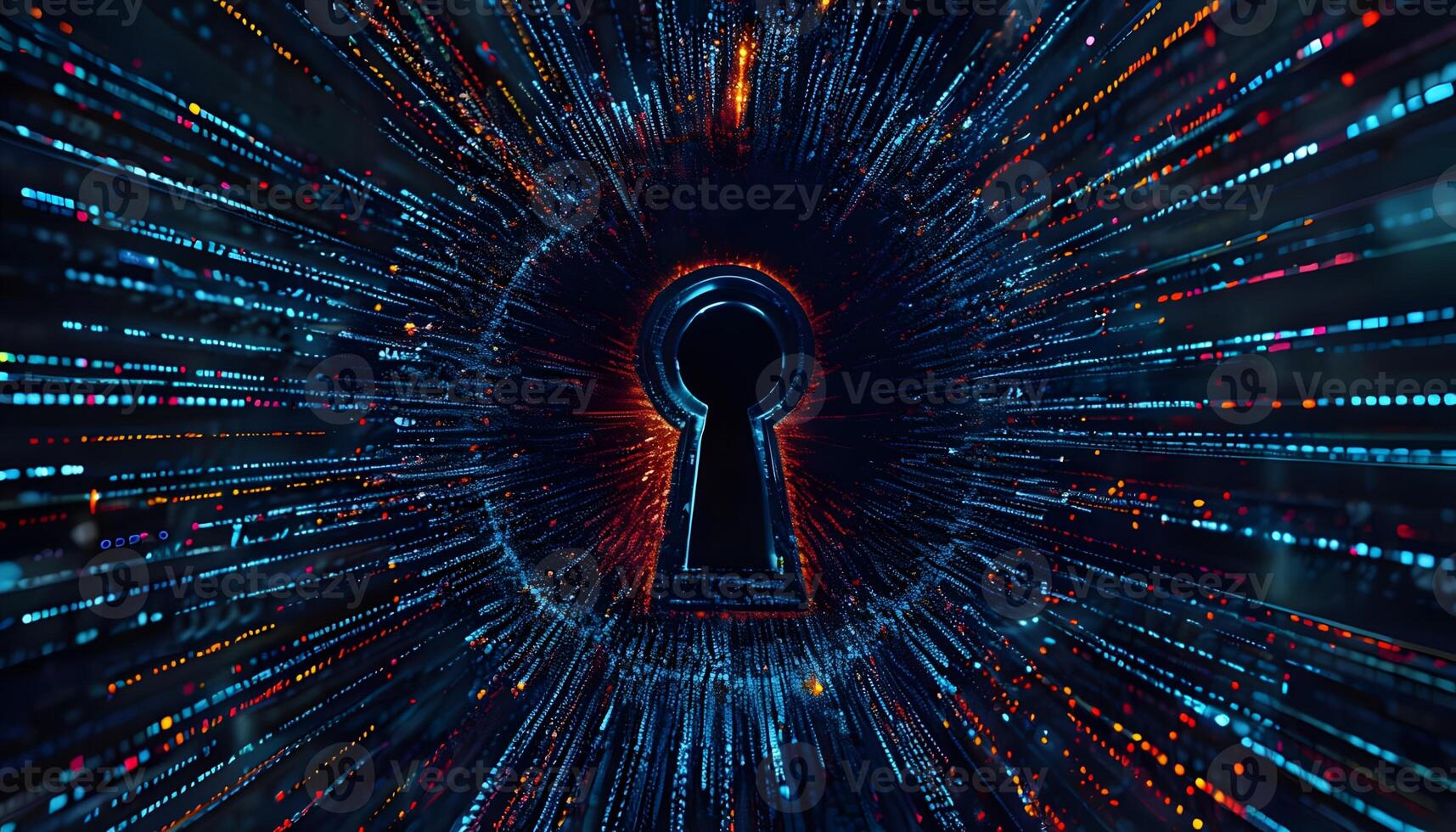 A keyhole in a dark background with a glowing light photo