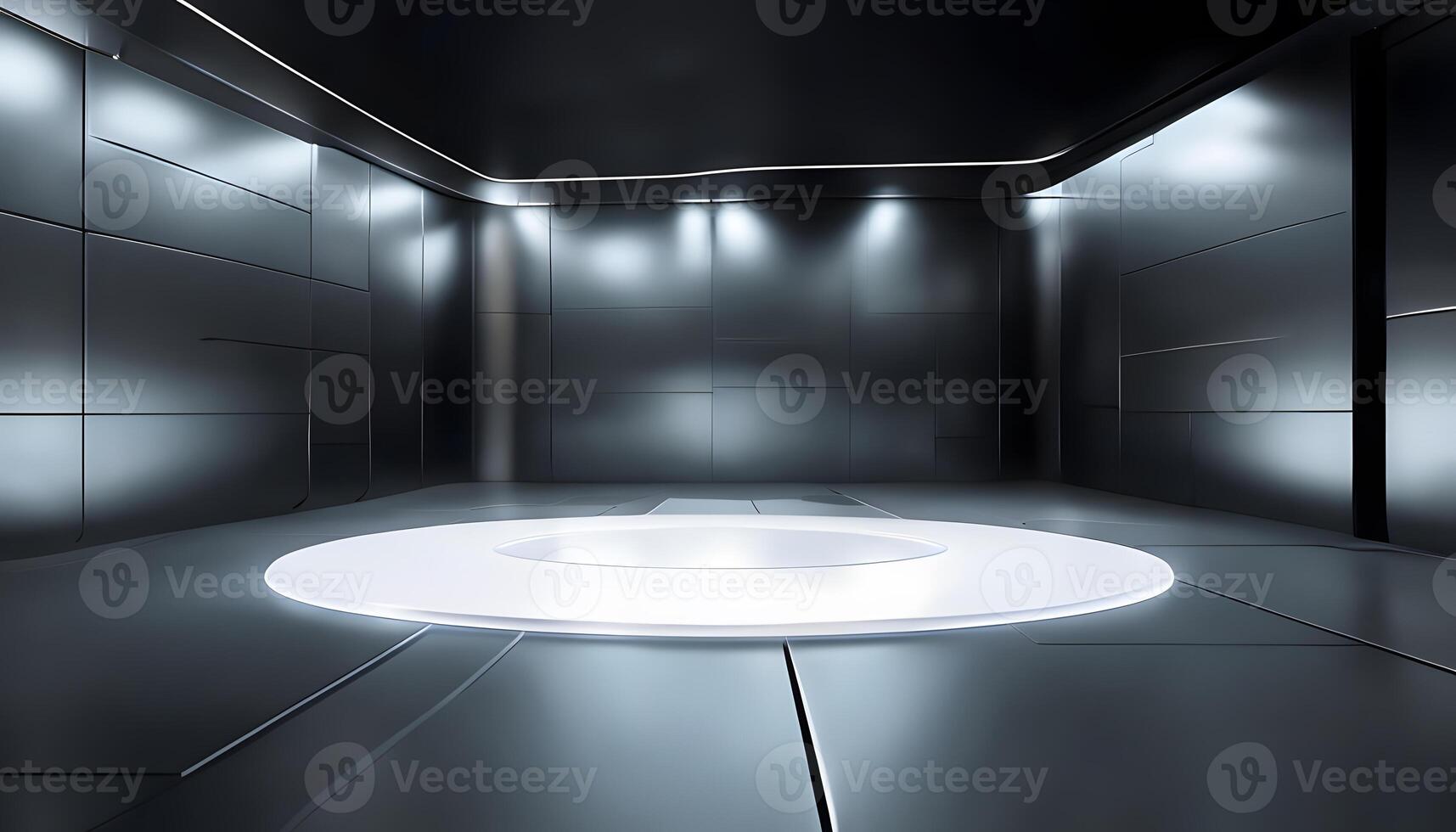 A room with a circular light on the floor photo